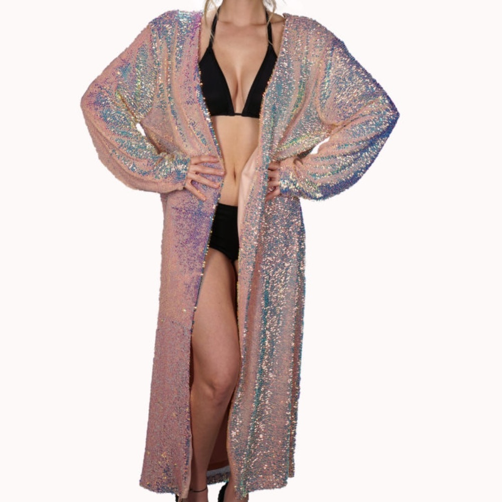 BRAND NEW $188 PINK SEQUINS Iridescent Hologram Duster Kimono Jacket OS